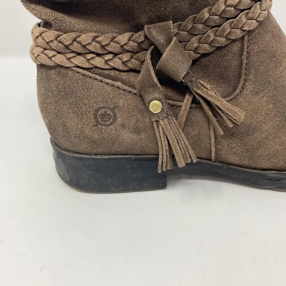 Born 7 Brown Ouvea Slouchy Zip Ankle Boots Distressed Suede Boho Western Braided